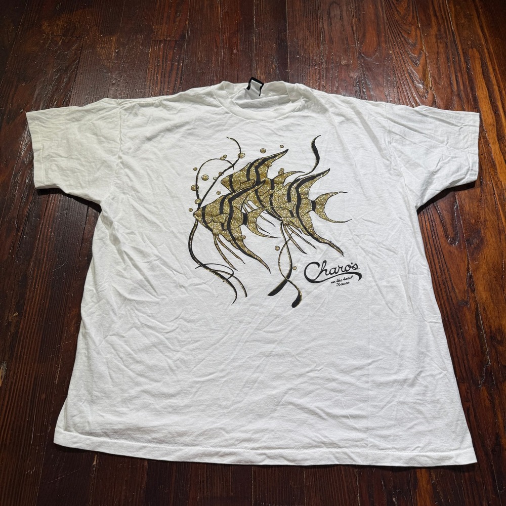 Vintage 90s Charos on Beach Shirt Size L Kauai Glitter Fish Single Stitch USA